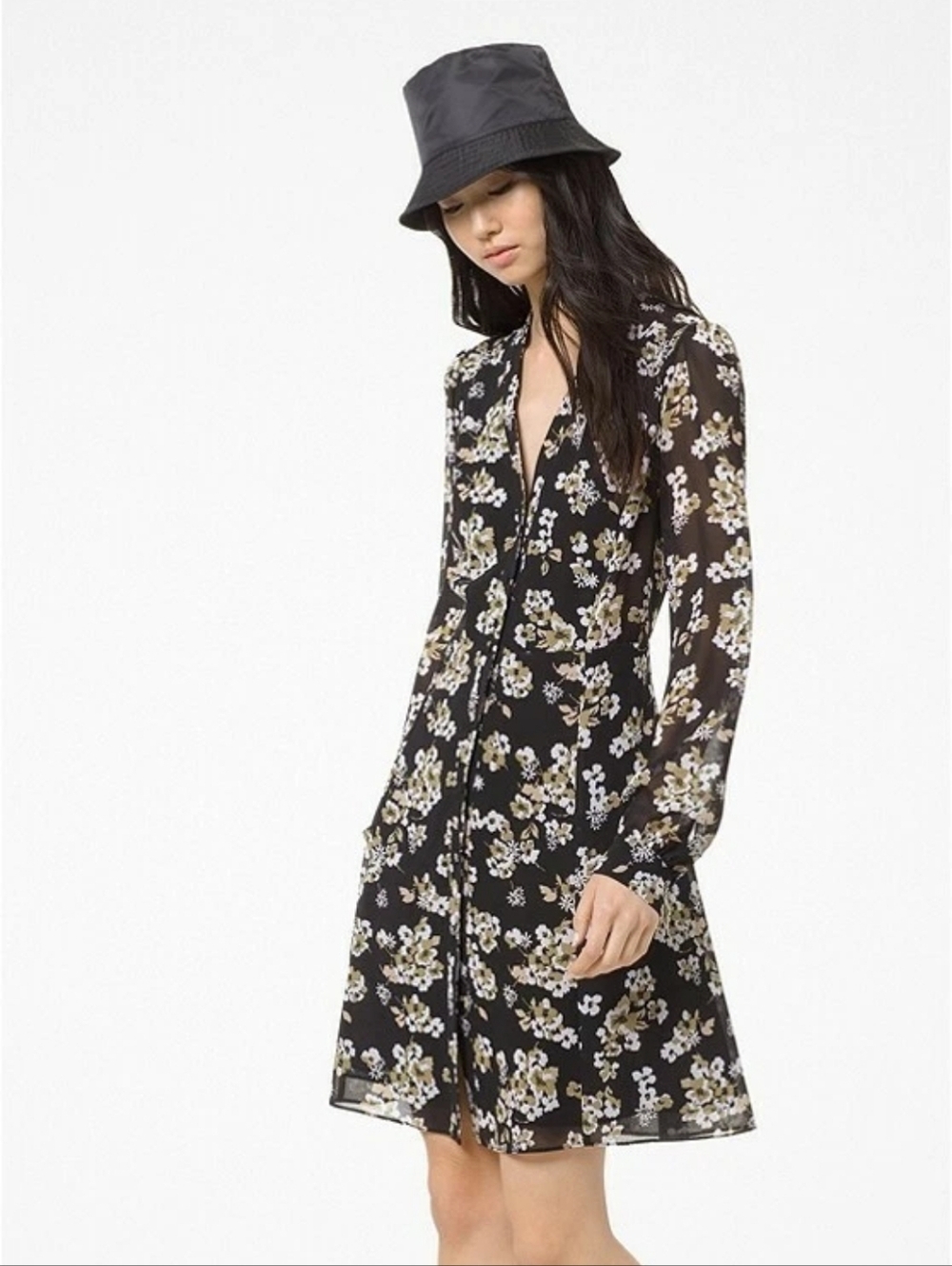 Michael Kors Floral Georgette Button-Front Black Long-Sleeve Shirtdress Size M
